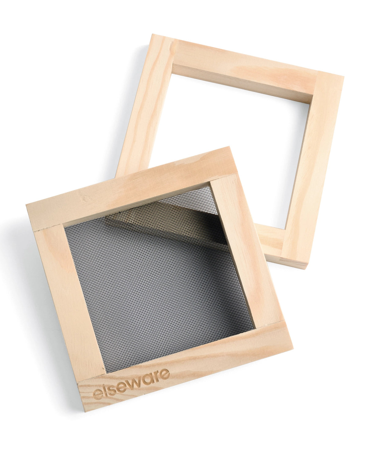 Pine wood mold with mesh screen and matching deckle frame from the paper making kit