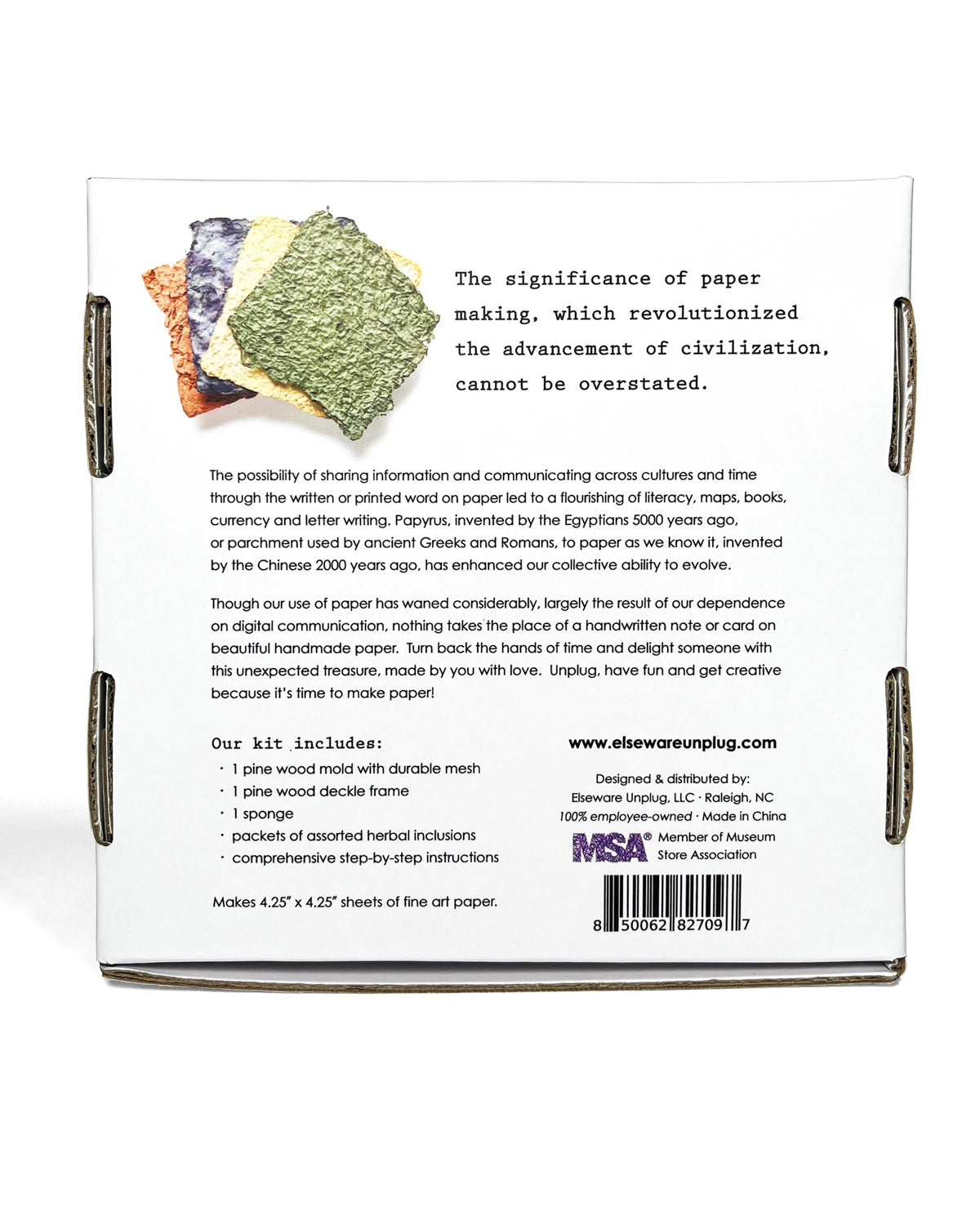 Back of the Elseware paper making kit box listing the mold, deckle, sponge and herbal inclusions