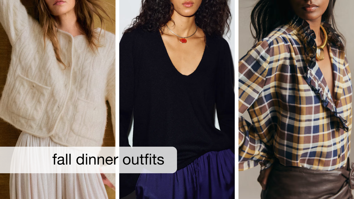 Fall dinner outfit collage with sweaters, satin pants, flats, and accessories for six dinner occasions