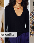 Fall dinner outfit collage with sweaters, satin pants, flats, and accessories for six dinner occasions