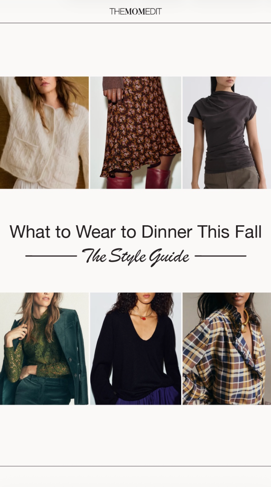 Fall dinner outfit collage with sweaters, satin pants, flats, and accessories for six dinner occasions
