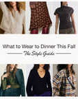 Fall dinner outfit collage with sweaters, satin pants, flats, and accessories for six dinner occasions