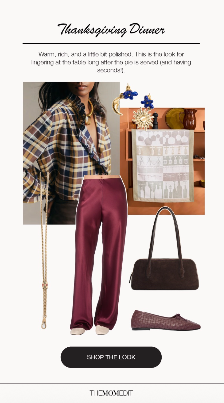Fall dinner outfit collage with sweaters, satin pants, flats, and accessories for six dinner occasions