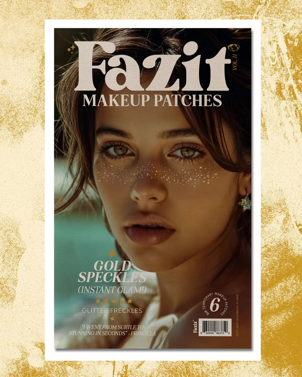 Fazit Gold Speckles pack of six makeup patches on a gold textured background