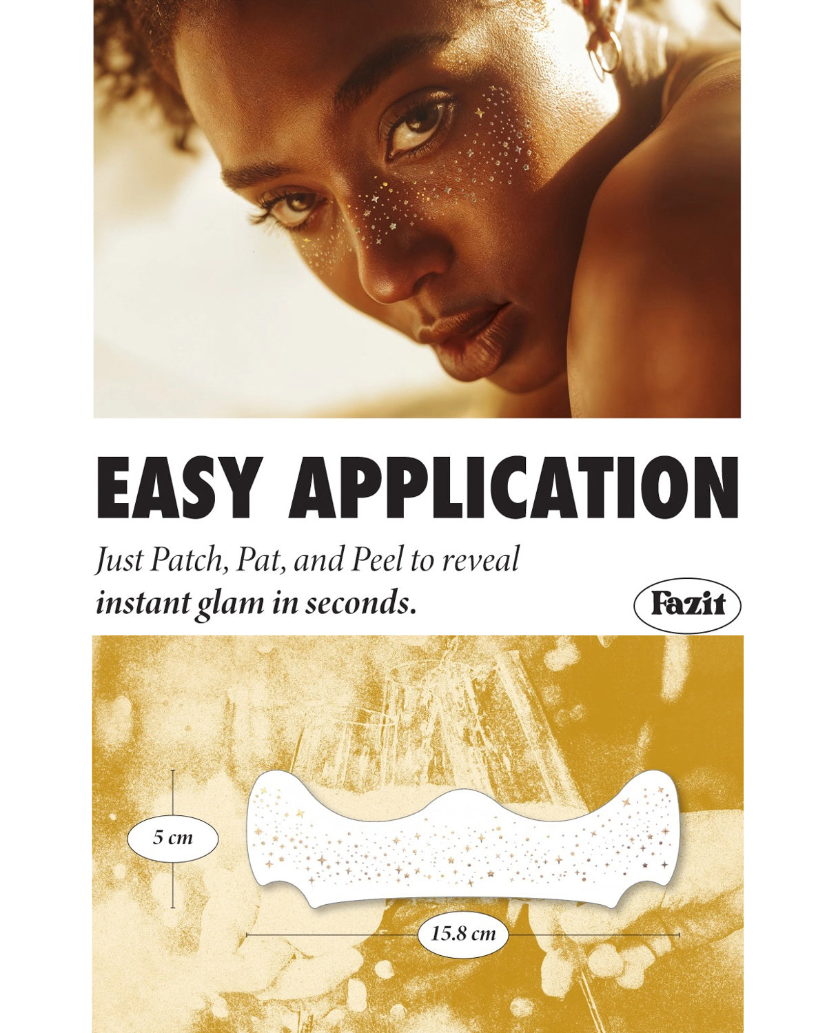 Fazit how-to image showing the freckle patch shape and size for easy application