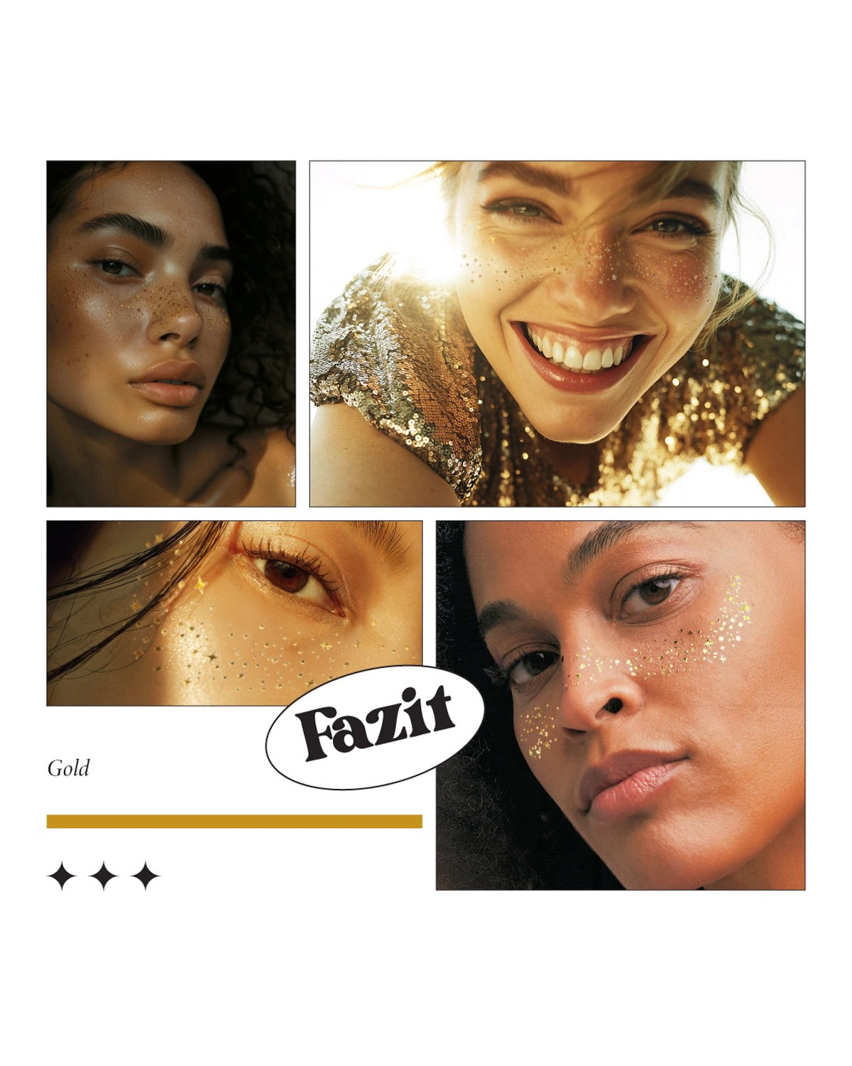 Collage of models wearing Fazit gold glitter freckles across their nose and cheeks