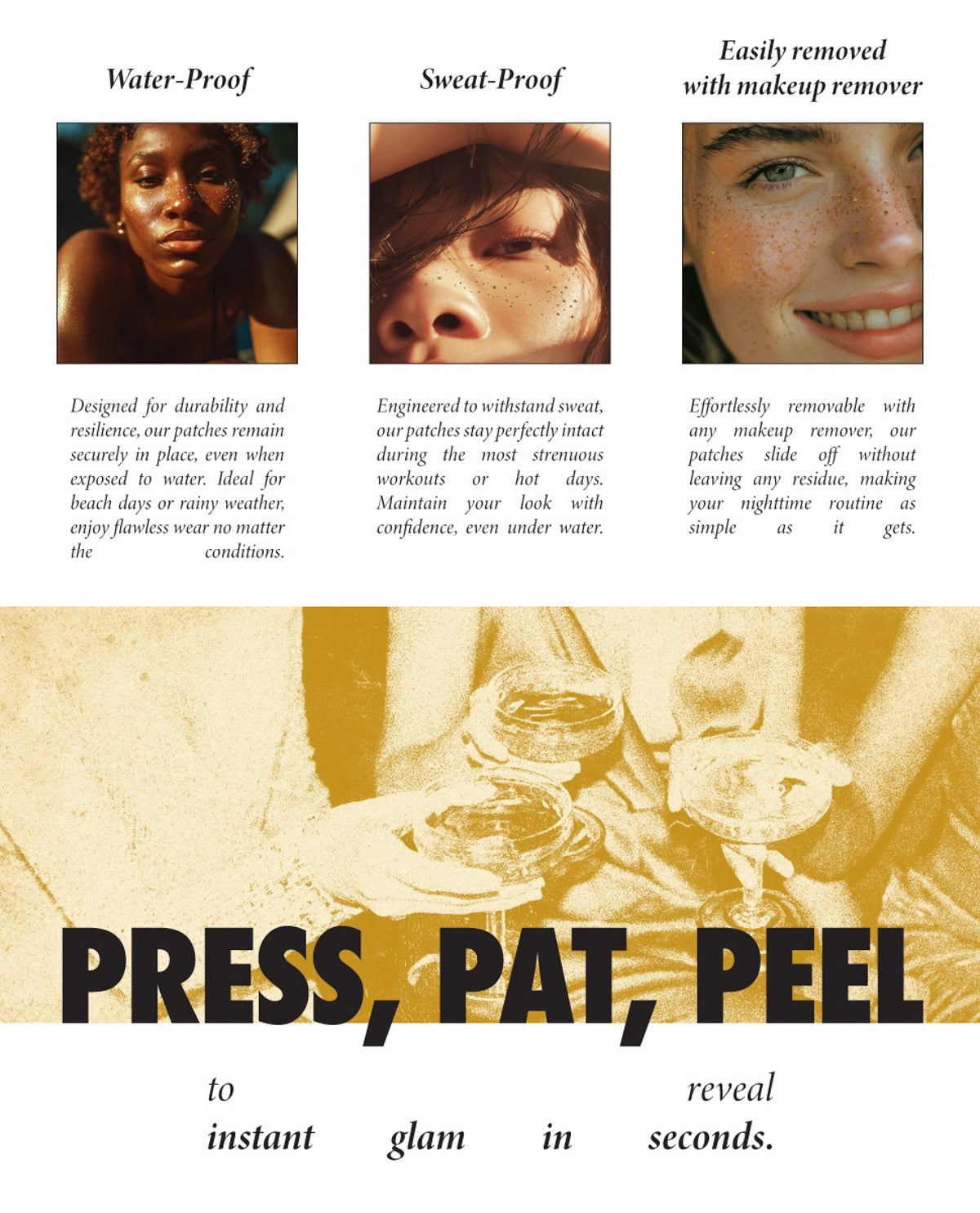 Fazit graphic showing the patches are waterproof, sweat-proof and easily removed