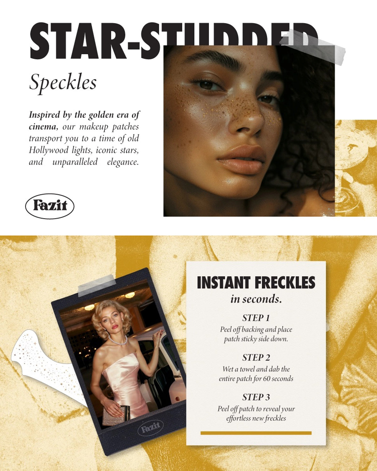 Fazit star-studded speckles graphic with the three-step press, pat, peel instructions