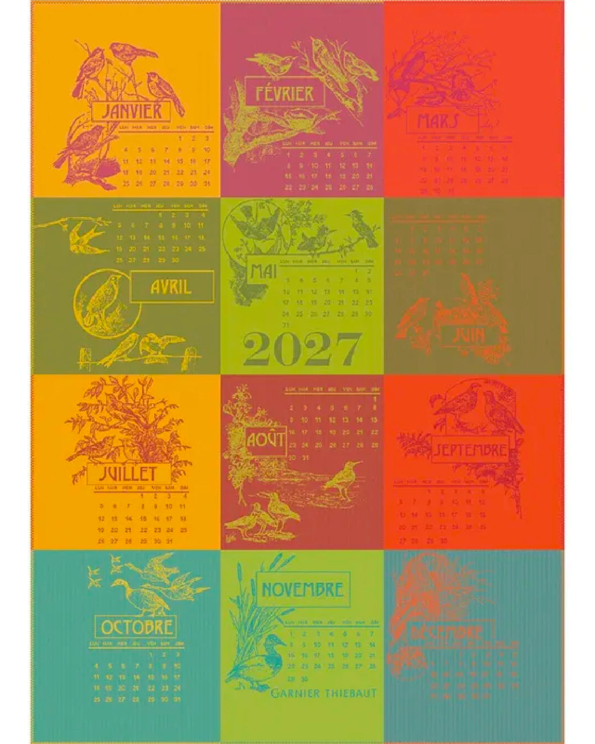 Garnier-Thiebaut calendar kitchen towel with a colorful block for each month of the year