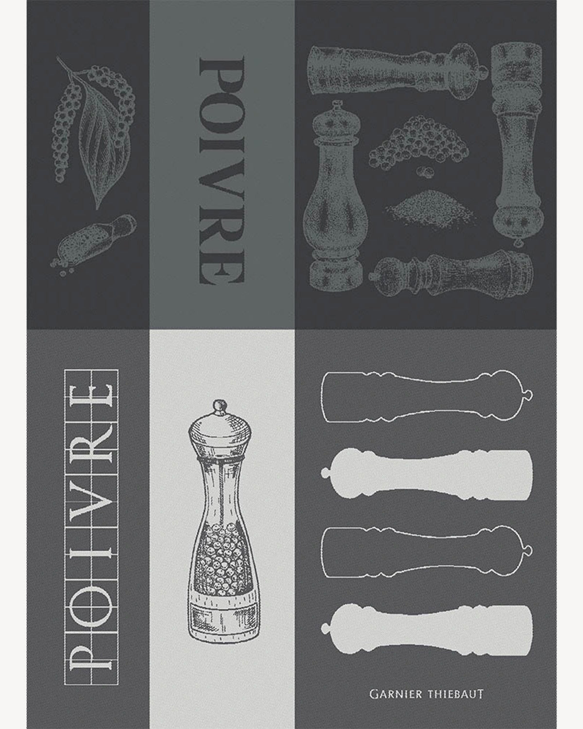 Poivre French jacquard kitchen towel in charcoal gray with pepper mill drawings