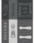 Poivre French jacquard kitchen towel in charcoal gray with pepper mill drawings