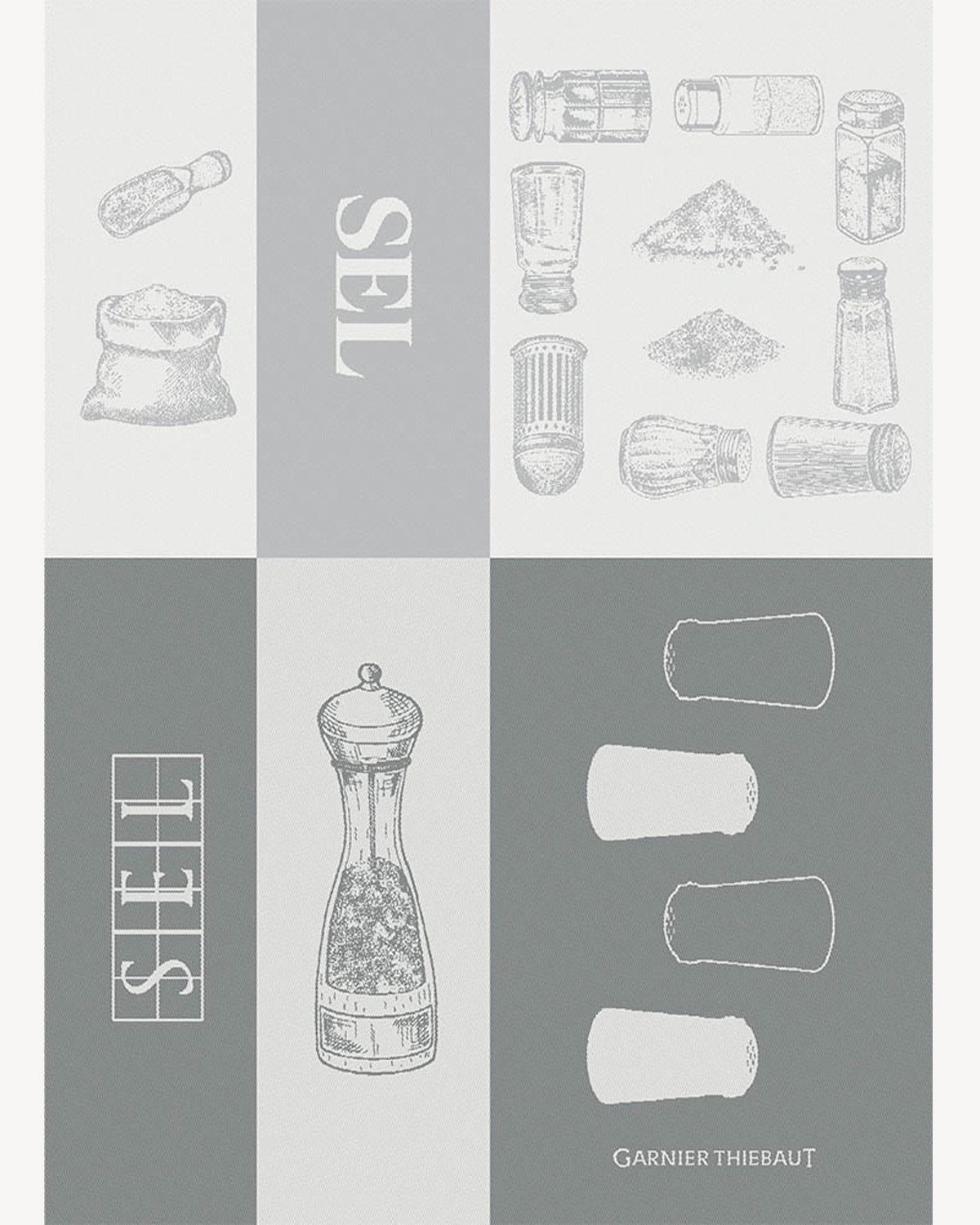 Sel French jacquard kitchen towel in pale gray with salt shaker and salt cellar drawings