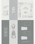 Sel French jacquard kitchen towel in pale gray with salt shaker and salt cellar drawings