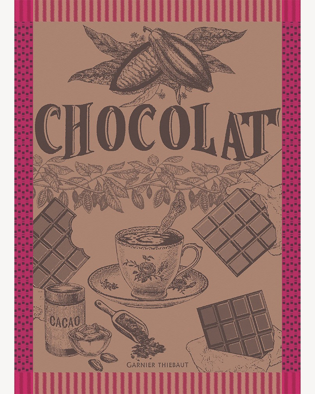 Tasse de Chocolat French jacquard kitchen towel in brown with cacao pods and a cup of cocoa