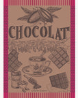 Tasse de Chocolat French jacquard kitchen towel in brown with cacao pods and a cup of cocoa