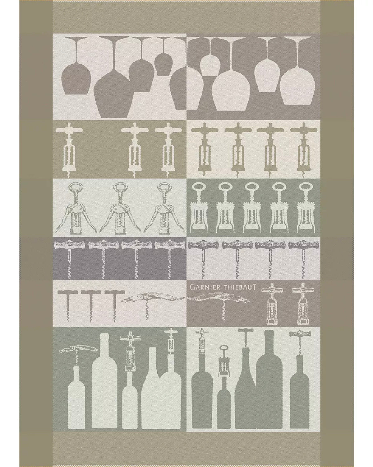 Sommelier French jacquard kitchen towel in taupe and gray with wine glass and bottle rows