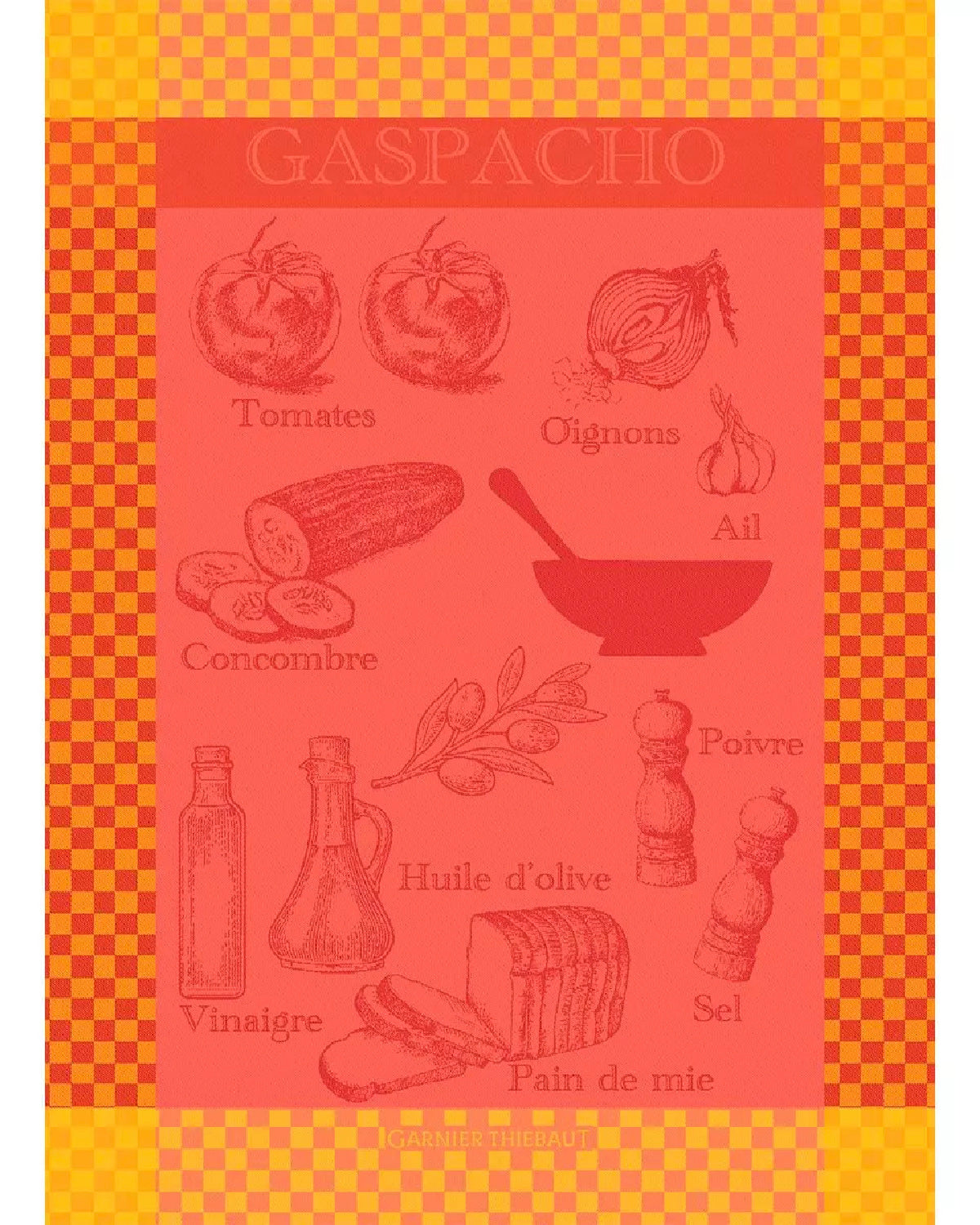 Gaspacho Rosso French jacquard kitchen towel in red and orange with tomato and garlic drawings