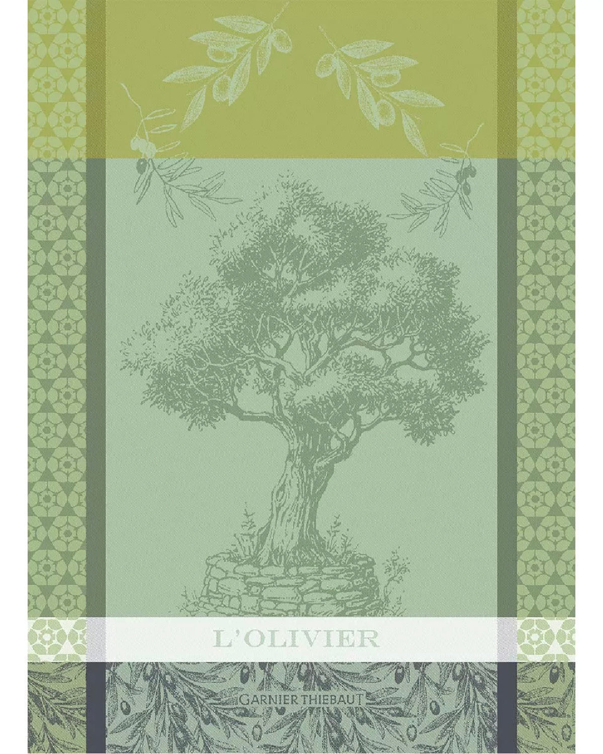 L'Olivier Vert French jacquard kitchen towel in green with an olive tree design