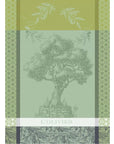 L'Olivier Vert French jacquard kitchen towel in green with an olive tree design