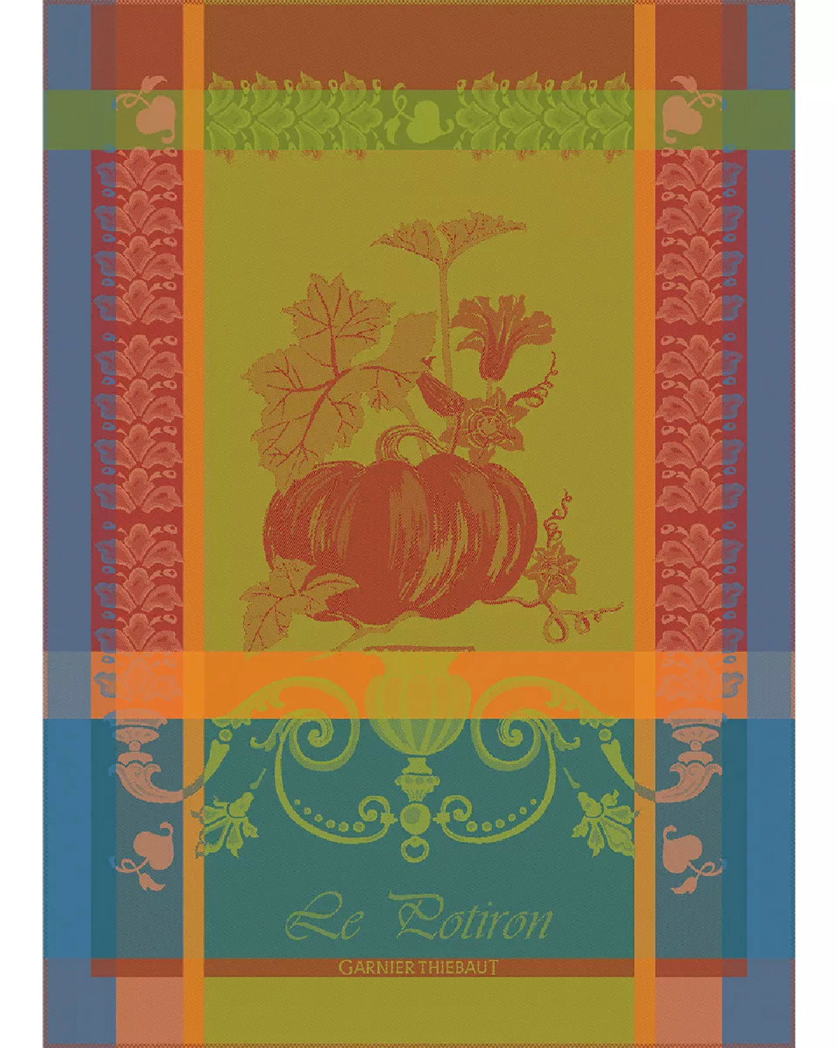 Le Potiron Epice French jacquard kitchen towel with a pumpkin in orange, blue and green