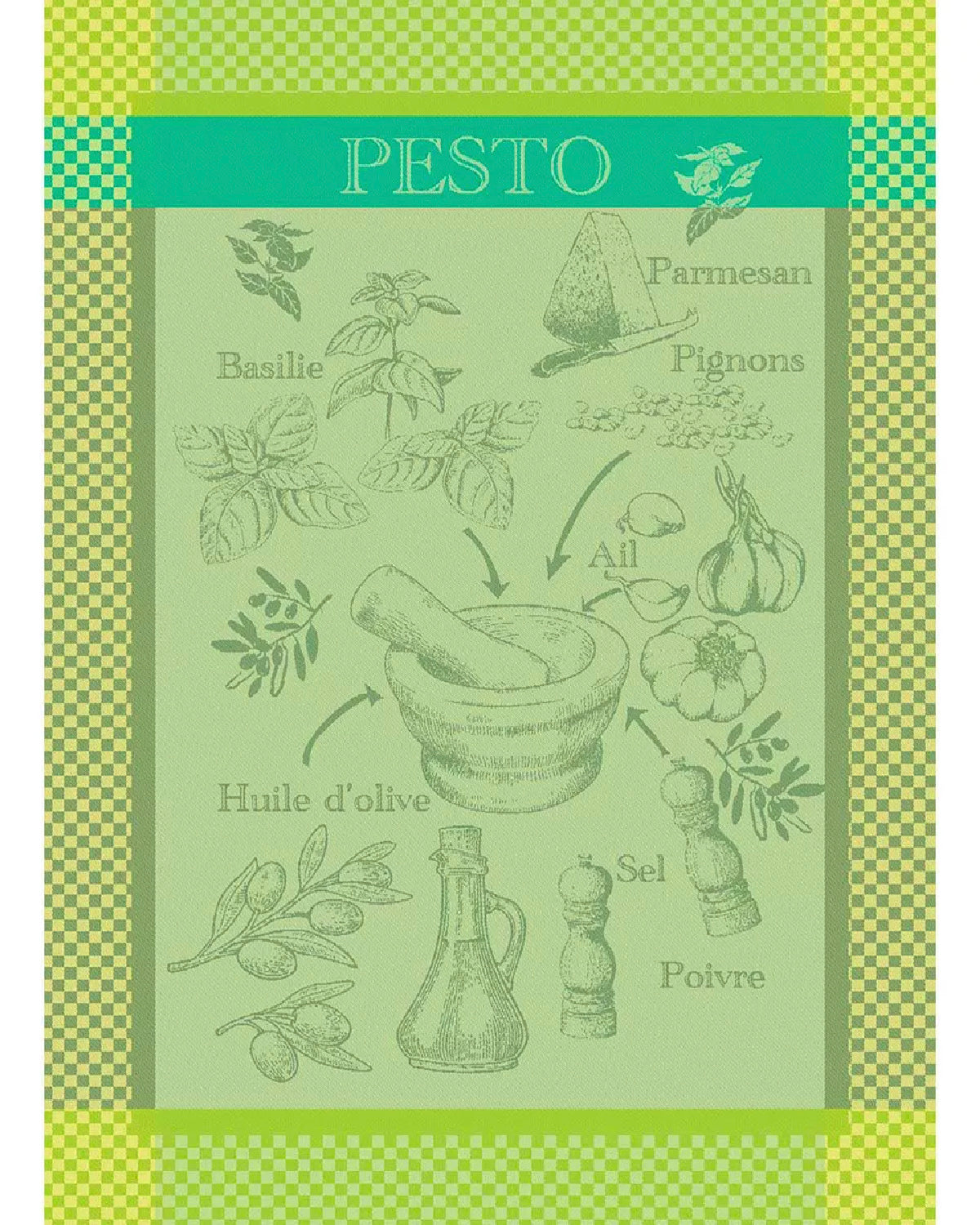 Pesto Verde French jacquard kitchen towel in green with basil, garlic and a mortar and pestle