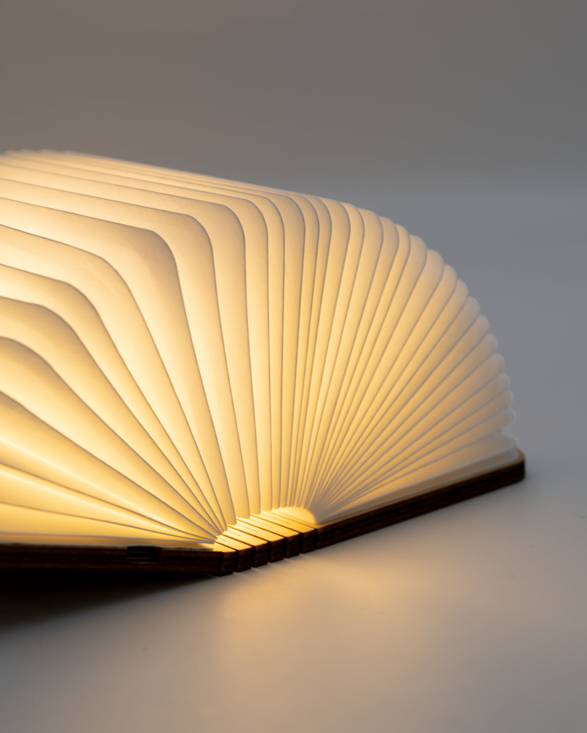 Close-up of the book light open like a book, with pleated white paper pages glowing