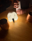 Origami book light fanned open on a table during a card game beside a copper cup