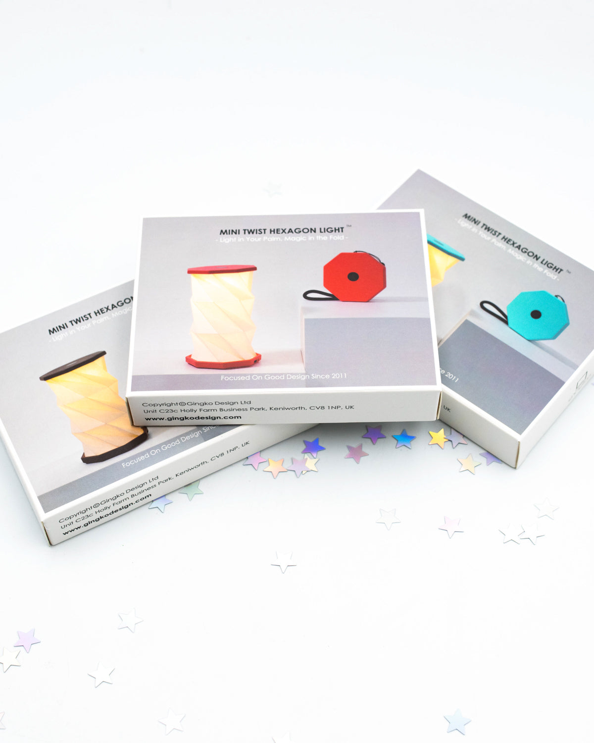 Gingko Mini Twist Hexagon Light boxes in coral, teal and white