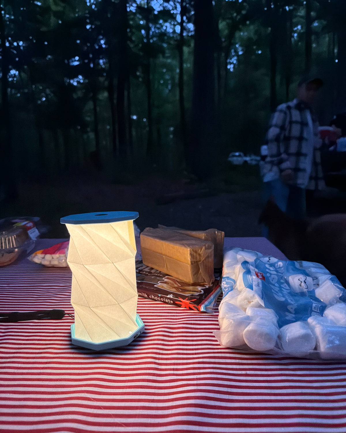 Teal hexagon paper lantern light on a striped picnic table at camp with marshmallows