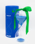 Gry Mattr 30-minute hourglass in Pool Blue tied with a green bow beside its blue tube box