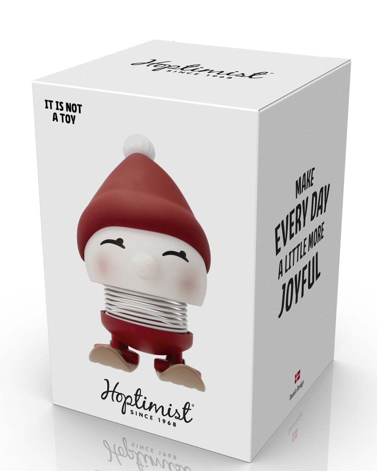 Hoptimist Skiing Bimble figure in front of its white box