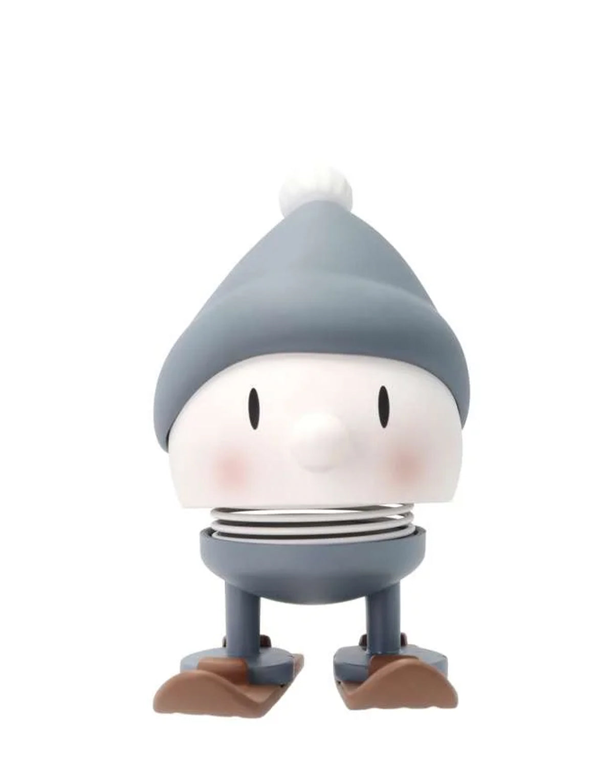 Hoptimist Skiing Bumble figure in a blue-gray knit cap with wooden skis