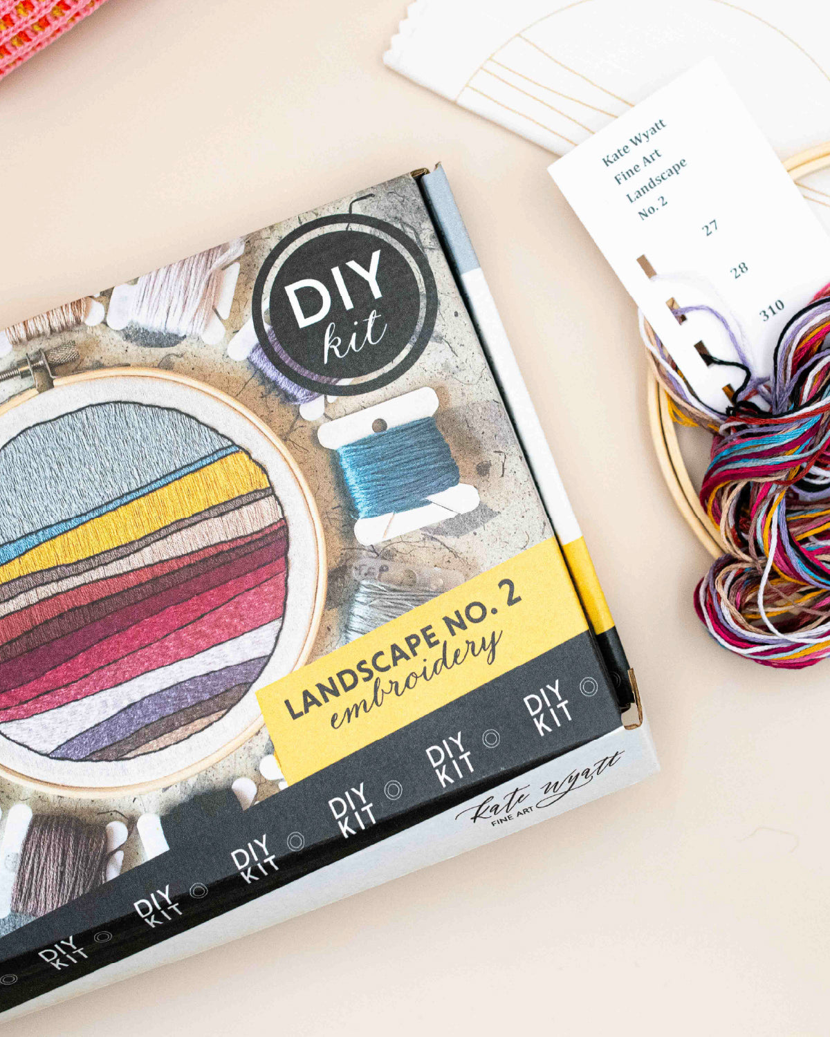 Kate Wyatt Landscape No. 2 DIY embroidery kit box with a striped landscape hoop