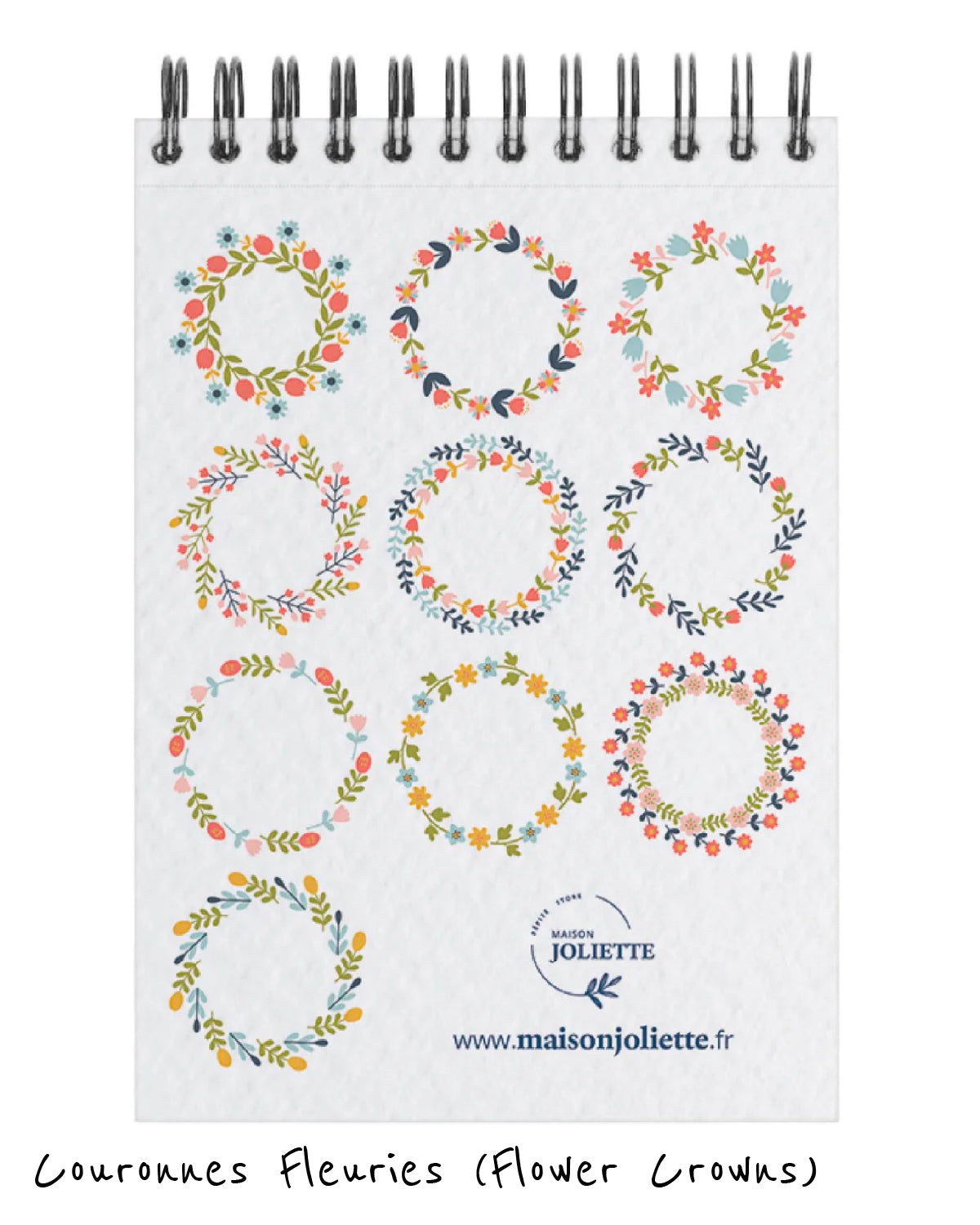 Bac cover of the Couronnes Fleuries Flower Crowns Frenck Painting Kit sketchbook with 10 floral wreath designs on a white background