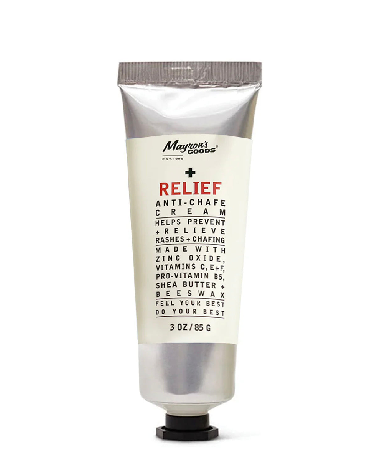 Tube of Mayron's Goods RELIEF cream tube with silver cap and white label on a white background