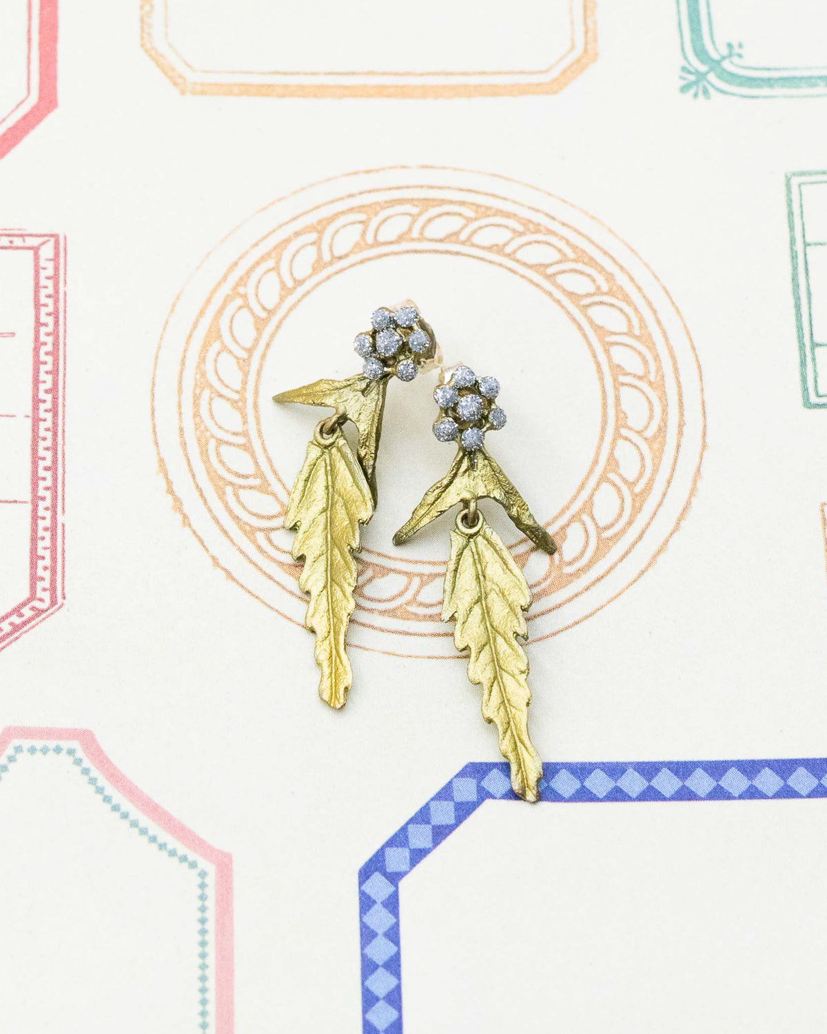 Michael Michaud Queen Anne's Lace leaf drop earrings with tiny blooms and gold leaves