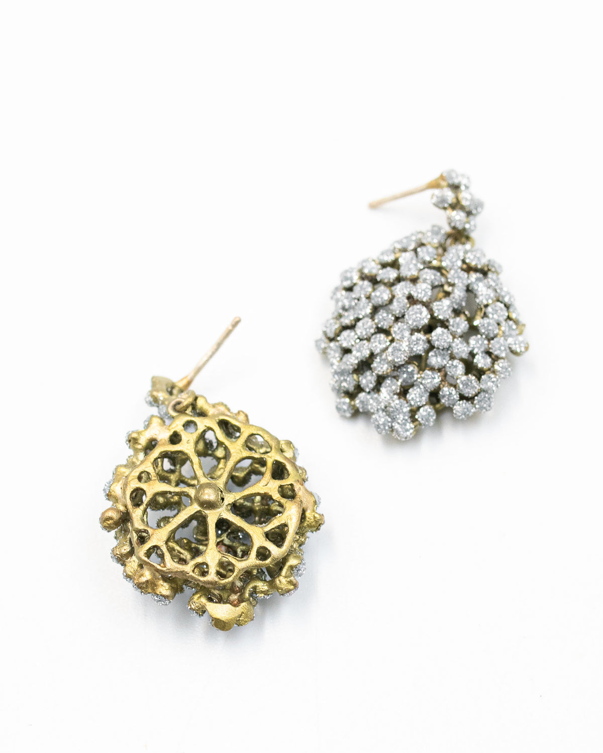Queen Anne's Lace cluster earrings showing the sparkling front and the gold bronze back