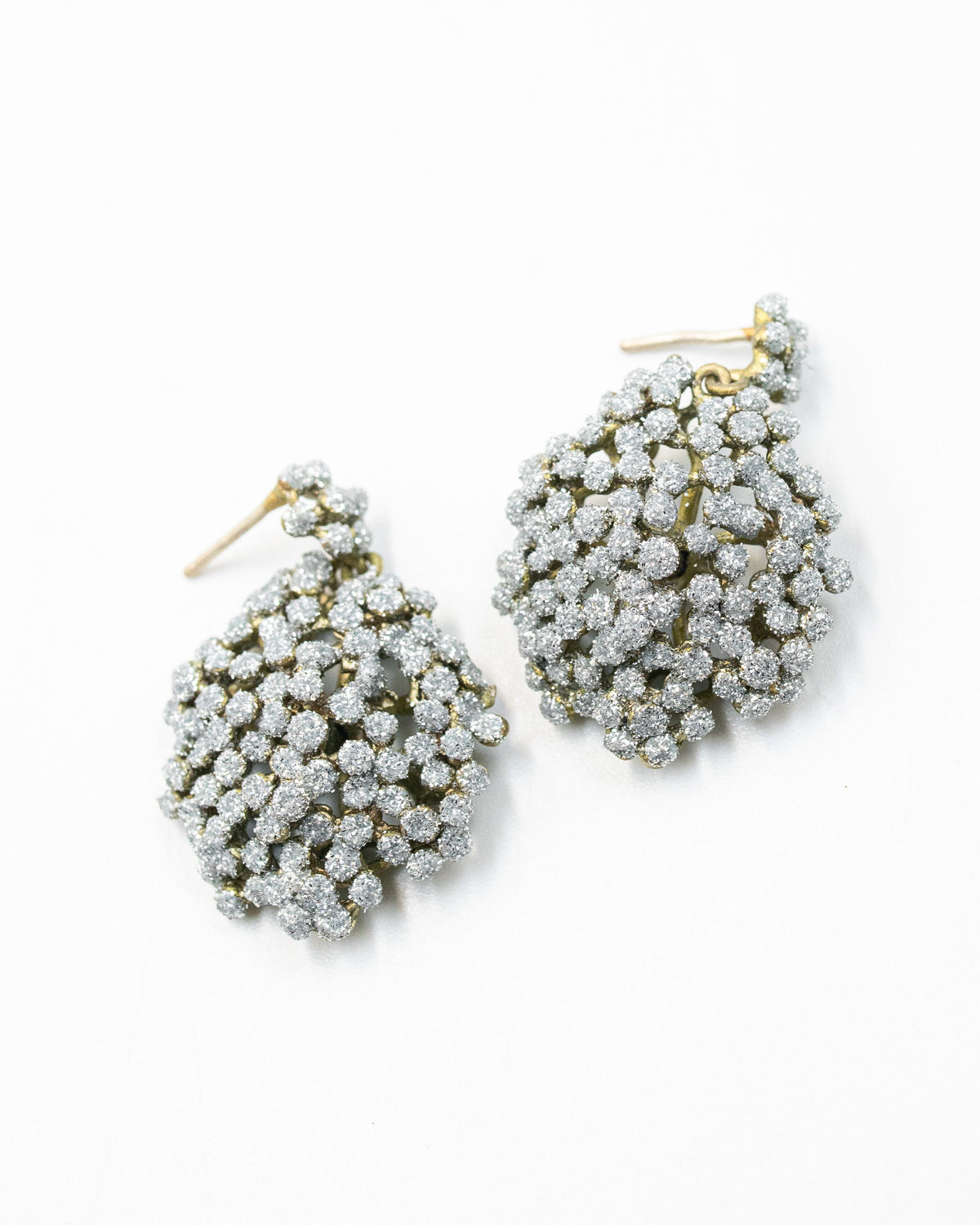 Pair of Queen Anne's Lace cluster earrings cast from real flowers, dusted with crystal