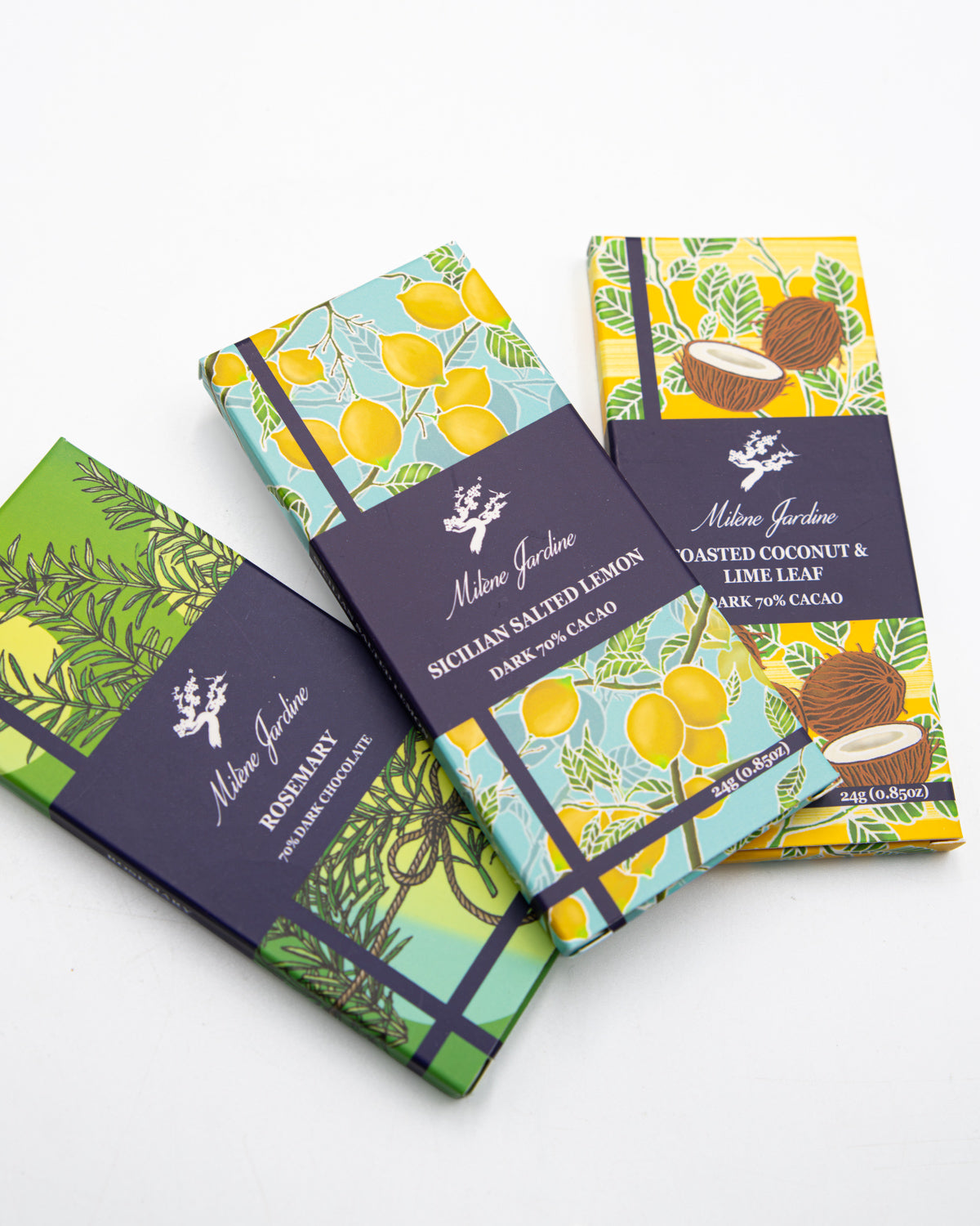 Milene Jardine tasting bars in Rosemary, Sicilian Salted Lemon and Toasted Coconut