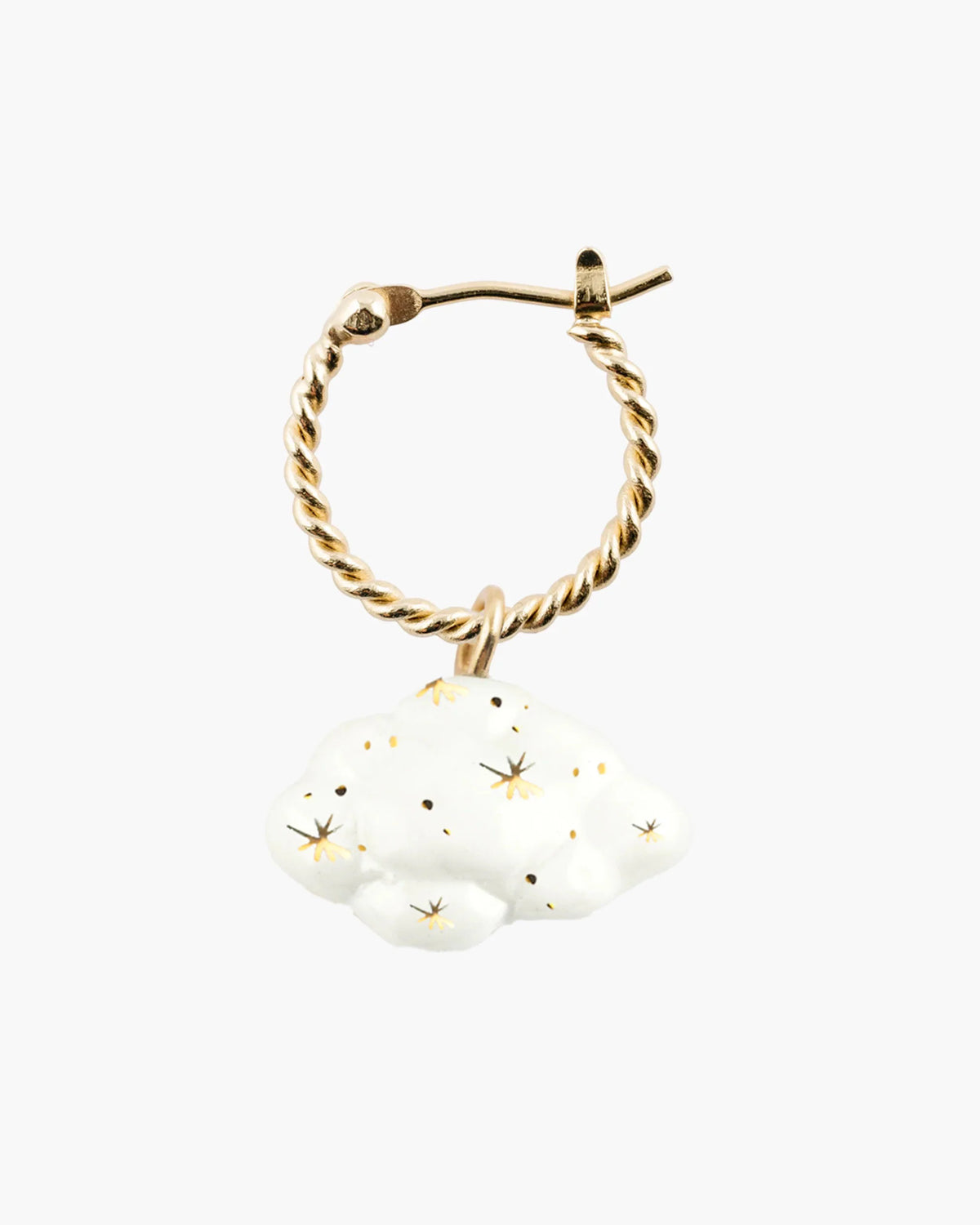 Daydreamer twisted gold hoop with a white porcelain cloud charm and painted gold stars