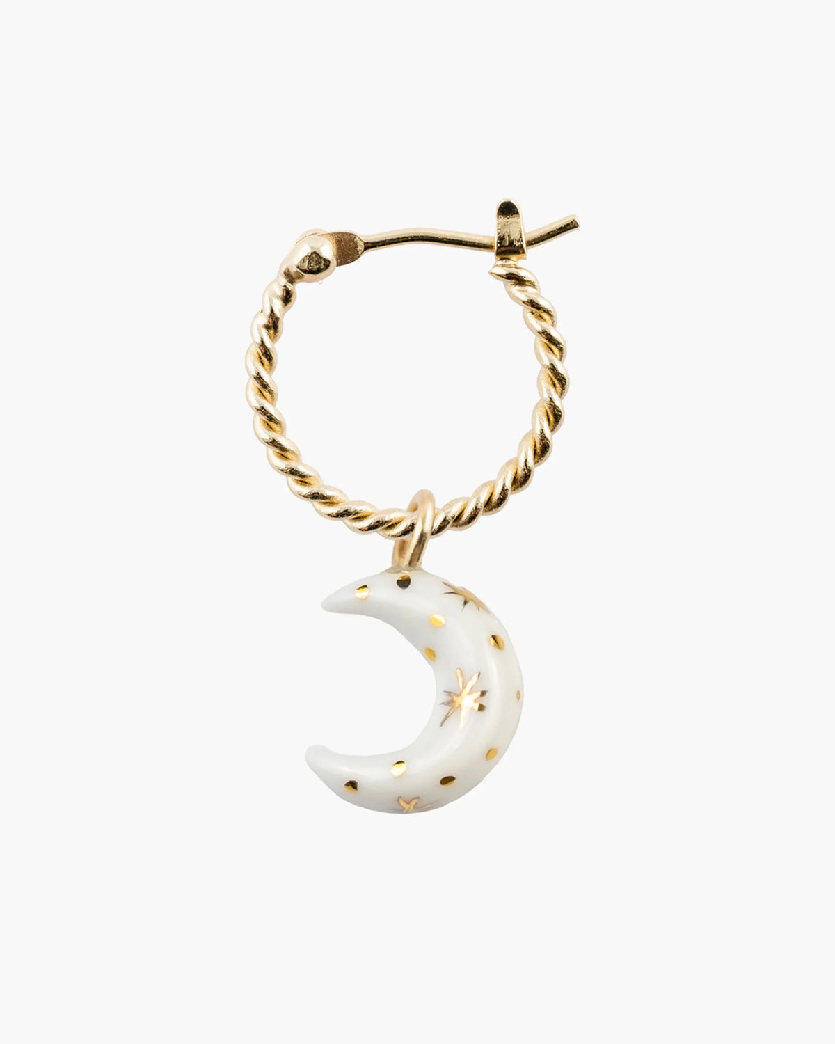 Daydreamer twisted gold hoop with a white porcelain crescent moon and painted gold stars