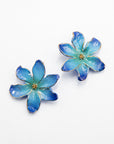 Pair of Frost Flower earrings, large blue and aqua porcelain petals with gold edges