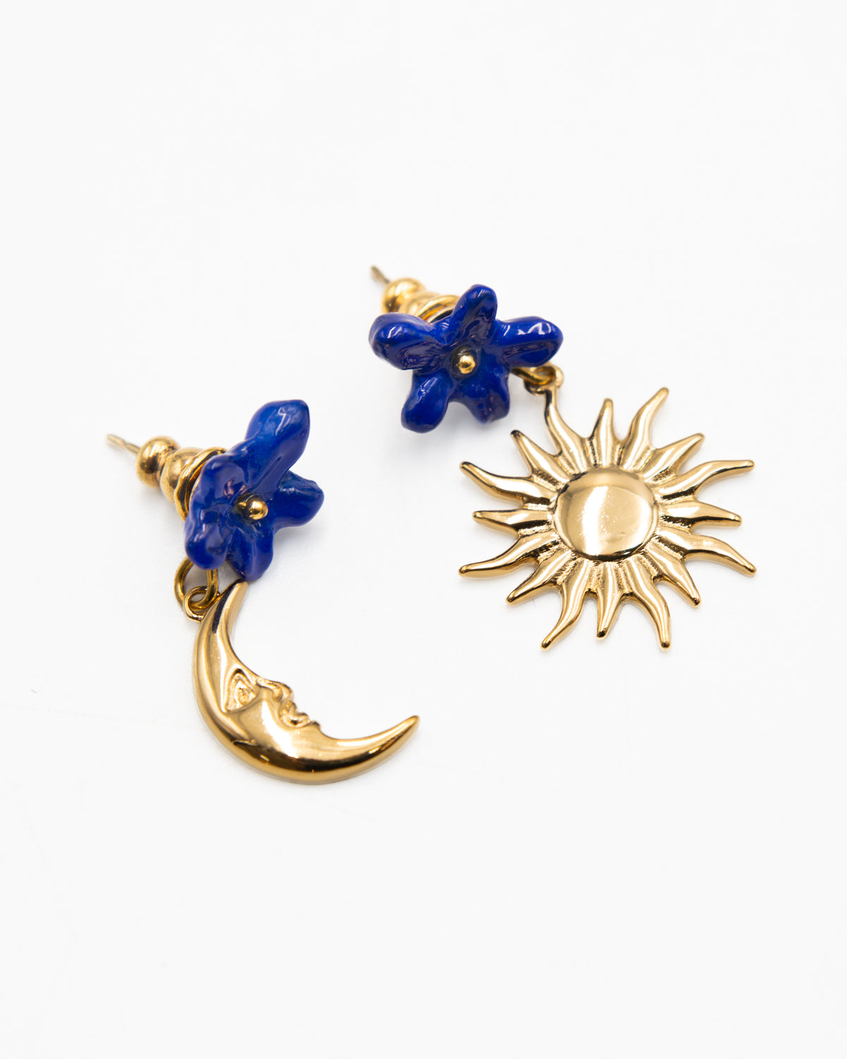 Nach Bijoux Once in a Blue Moon earrings, blue flower studs with a gold moon and sun drop