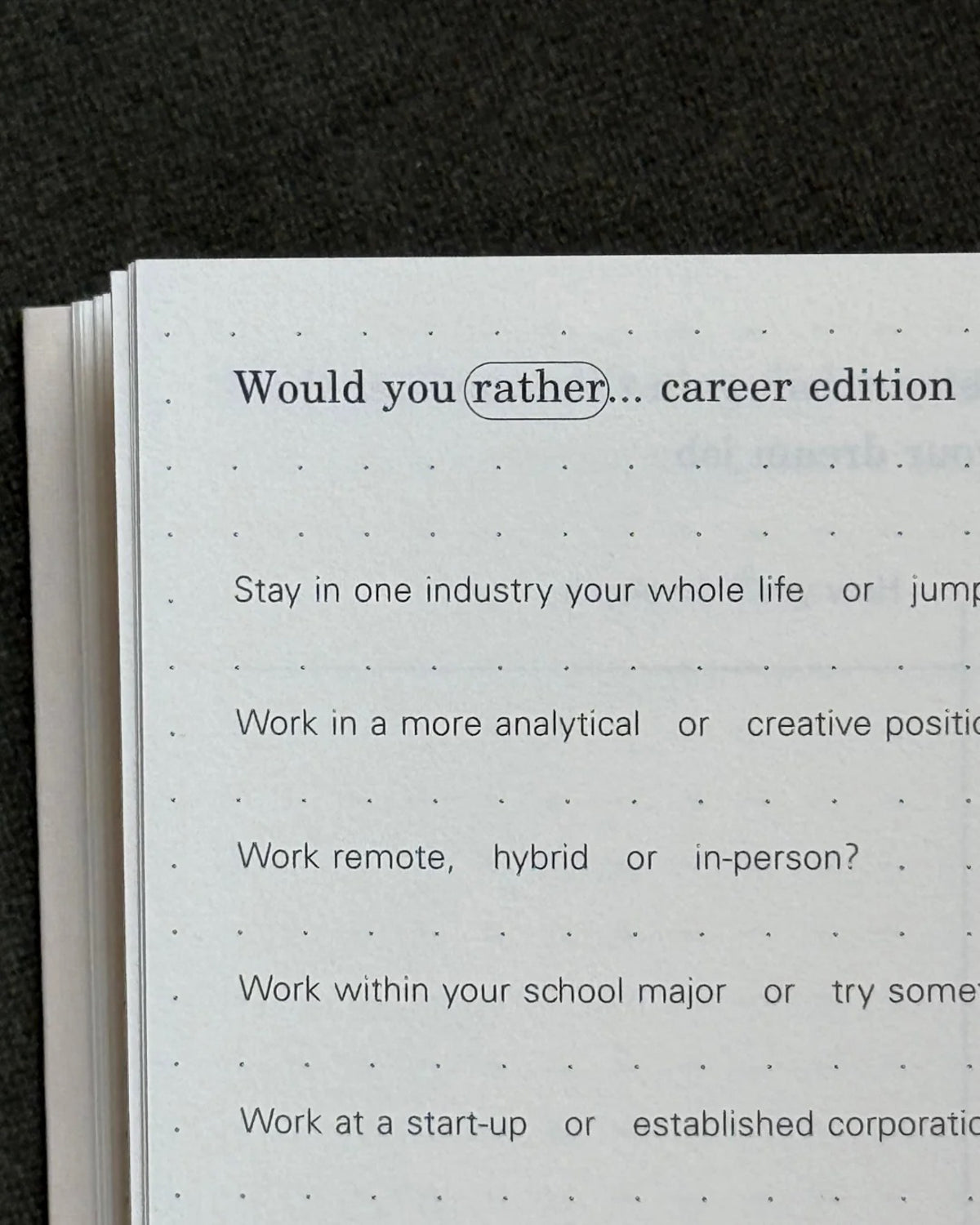 Career journal page of would-you-rather prompts, like work remote, hybrid or in-person
