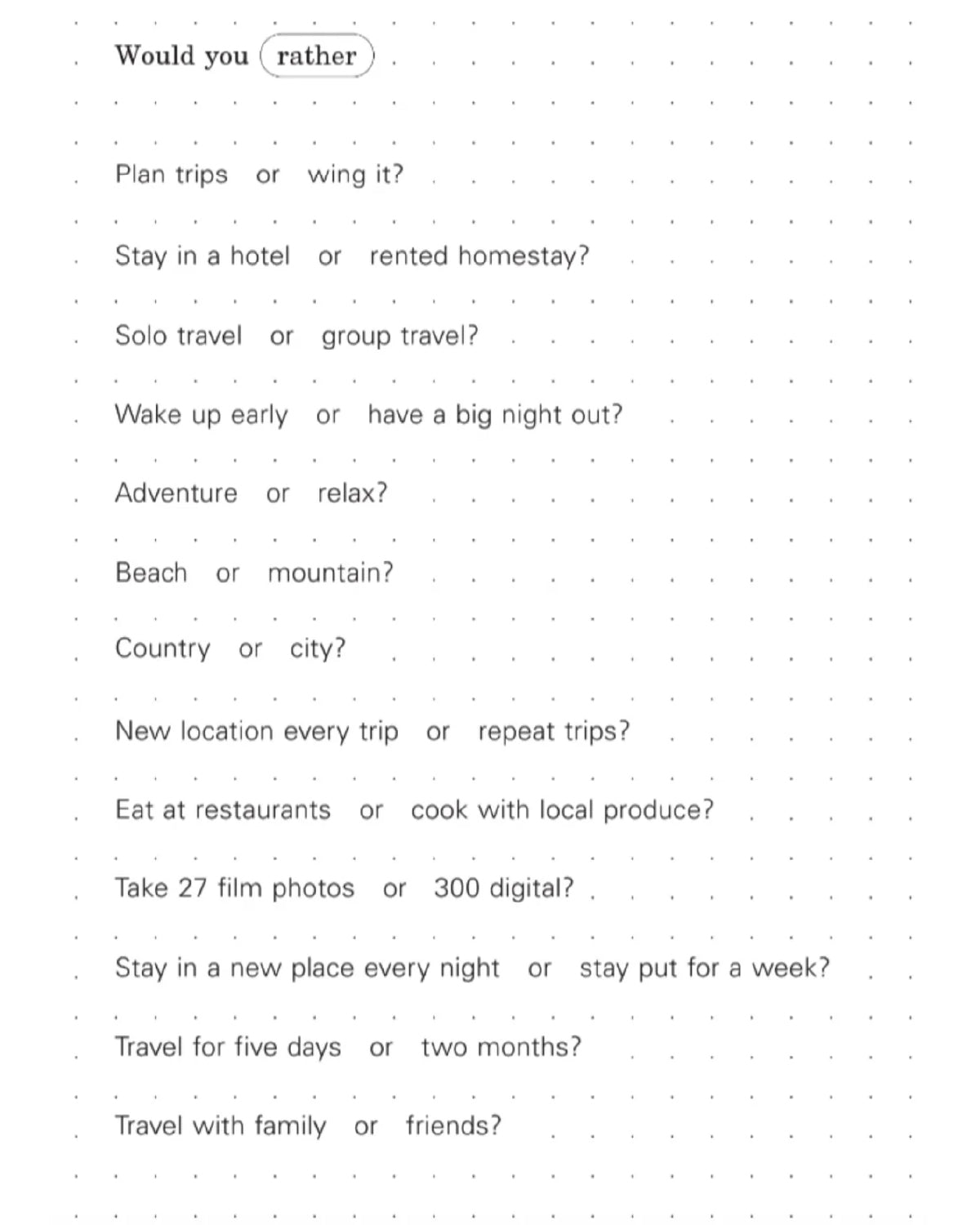 Travel journal page of would-you-rather prompts, like plan trips or wing it