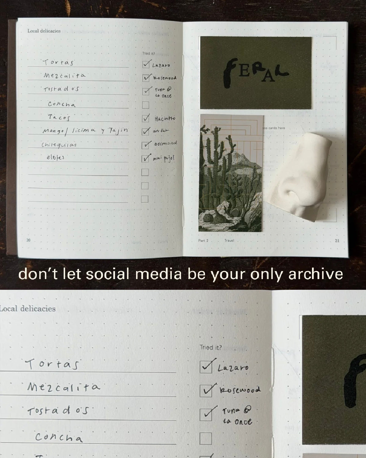 Filled travel journal spread with a checklist of local foods and a pasted-in photo