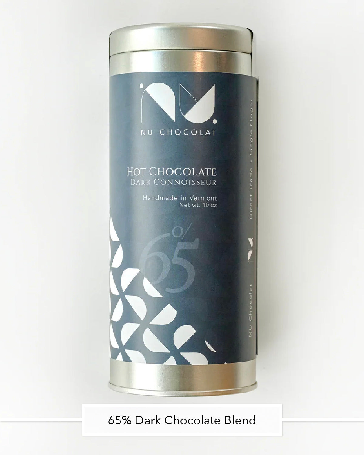 Nu Chocolat 65% Dark Chocolate Blend hot chocolate tin in navy