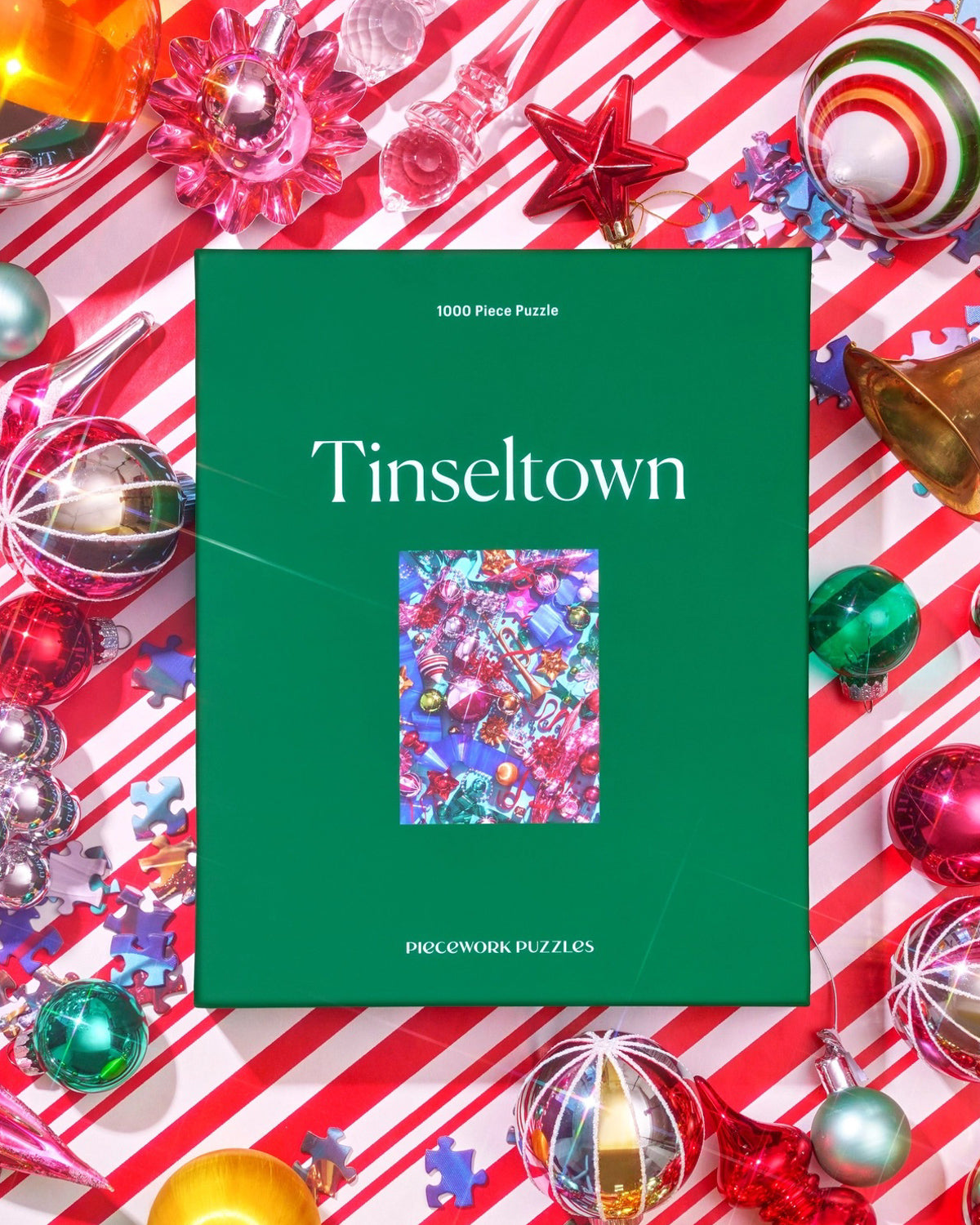 Tinseltown puzzle box from Piecework on red and white stripes with ornaments