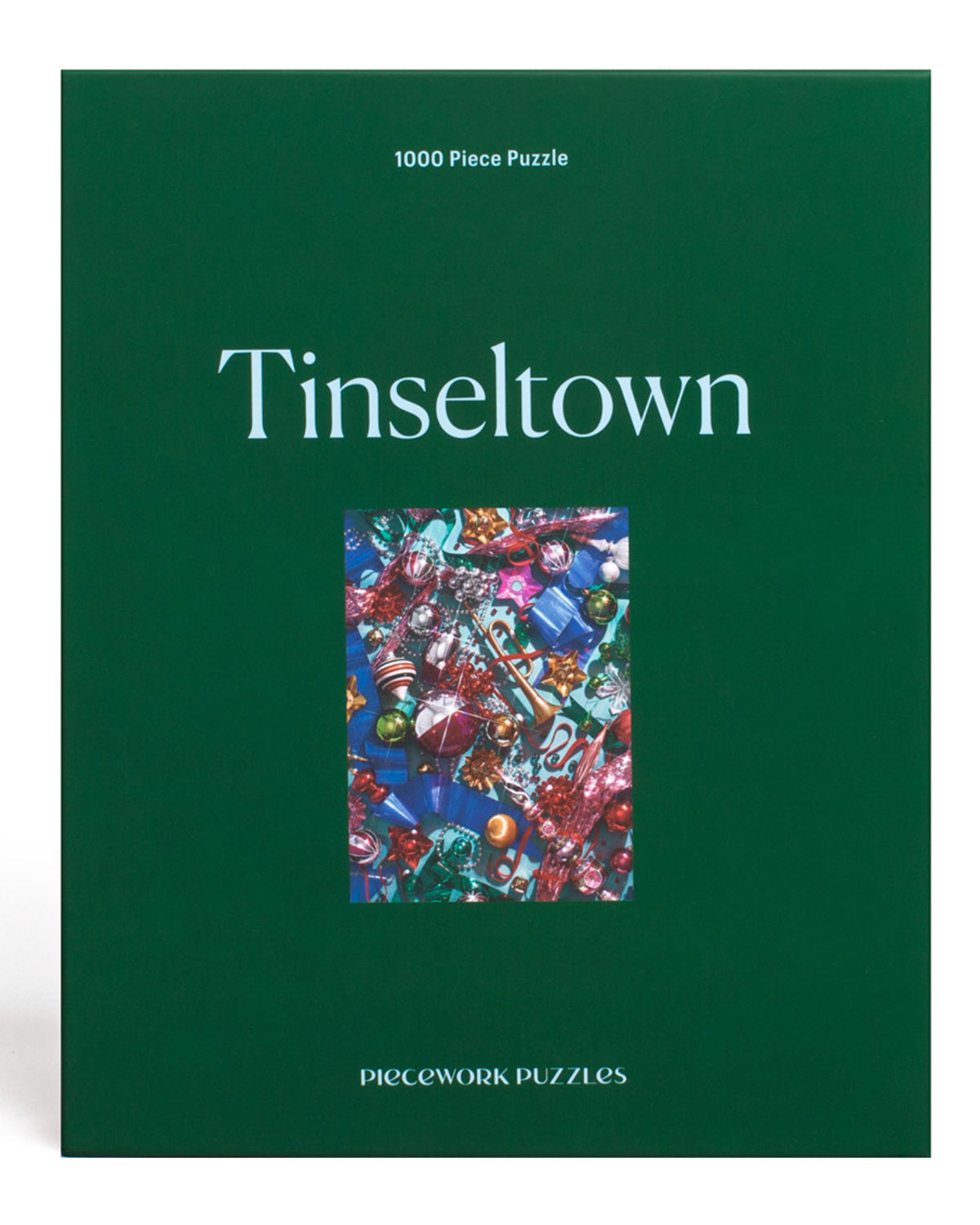 Front of the green Tinseltown 1000-piece puzzle box by Piecework Puzzles