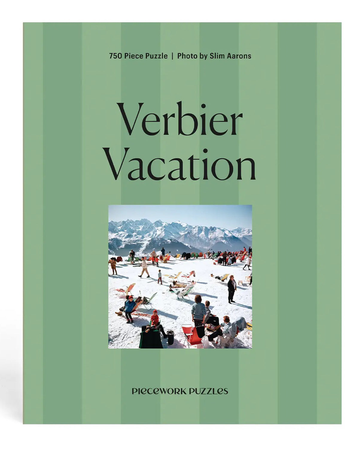 Verbier Vacation 750-piece puzzle box from Piecework Puzzles in striped green